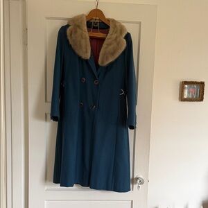 Elegant Vintage Blue Coat with Fur Collar